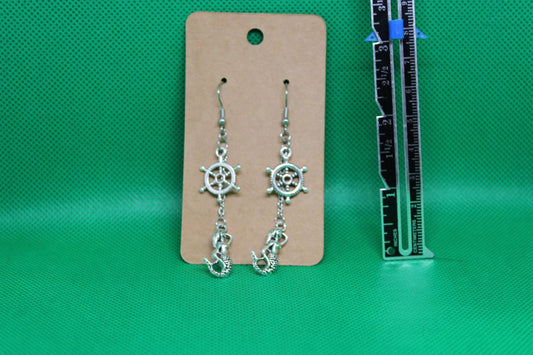 Nautical Steering Wheel and Mermaid Earrings with Stainless Ste