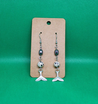 Designs by Raven Whale Tail Earrings with Dalmatian Jasper and Stainless Steel Hooks