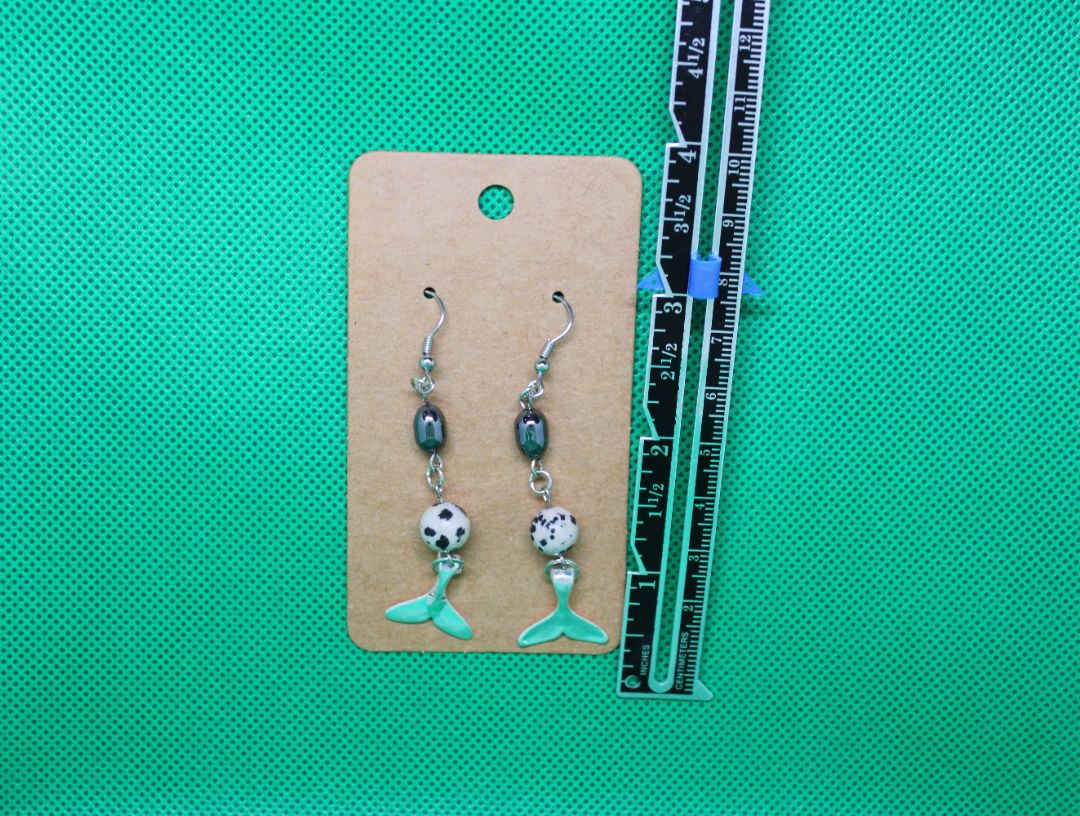 Designs by Raven Whale Tail Earrings with Dalmatian Jasper and Stainless Steel Hooks