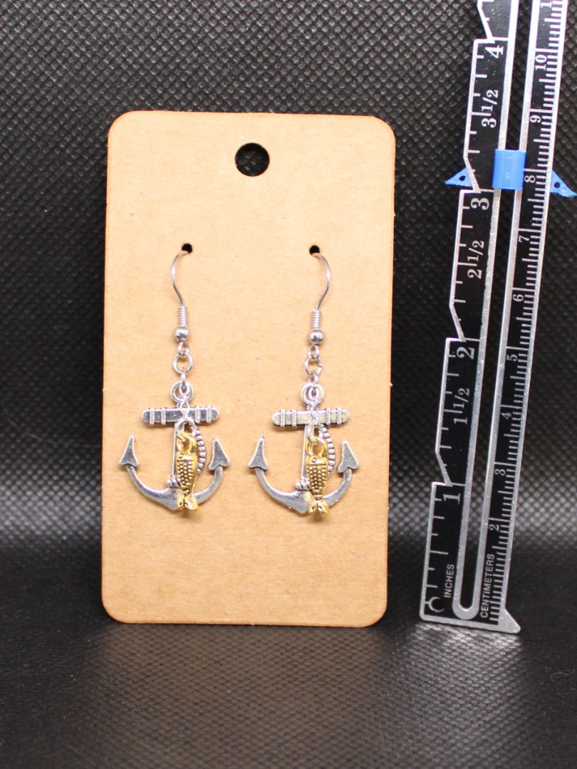 Designs by Raven Nautical Anchor Earrings with Gold Fish and Stainless Steel Hooks