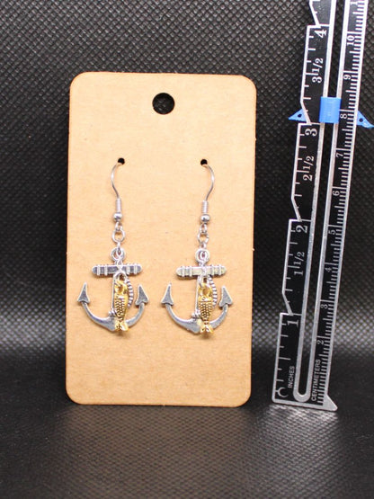 Designs by Raven Nautical Anchor Earrings with Gold Fish and Stainless Steel Hooks