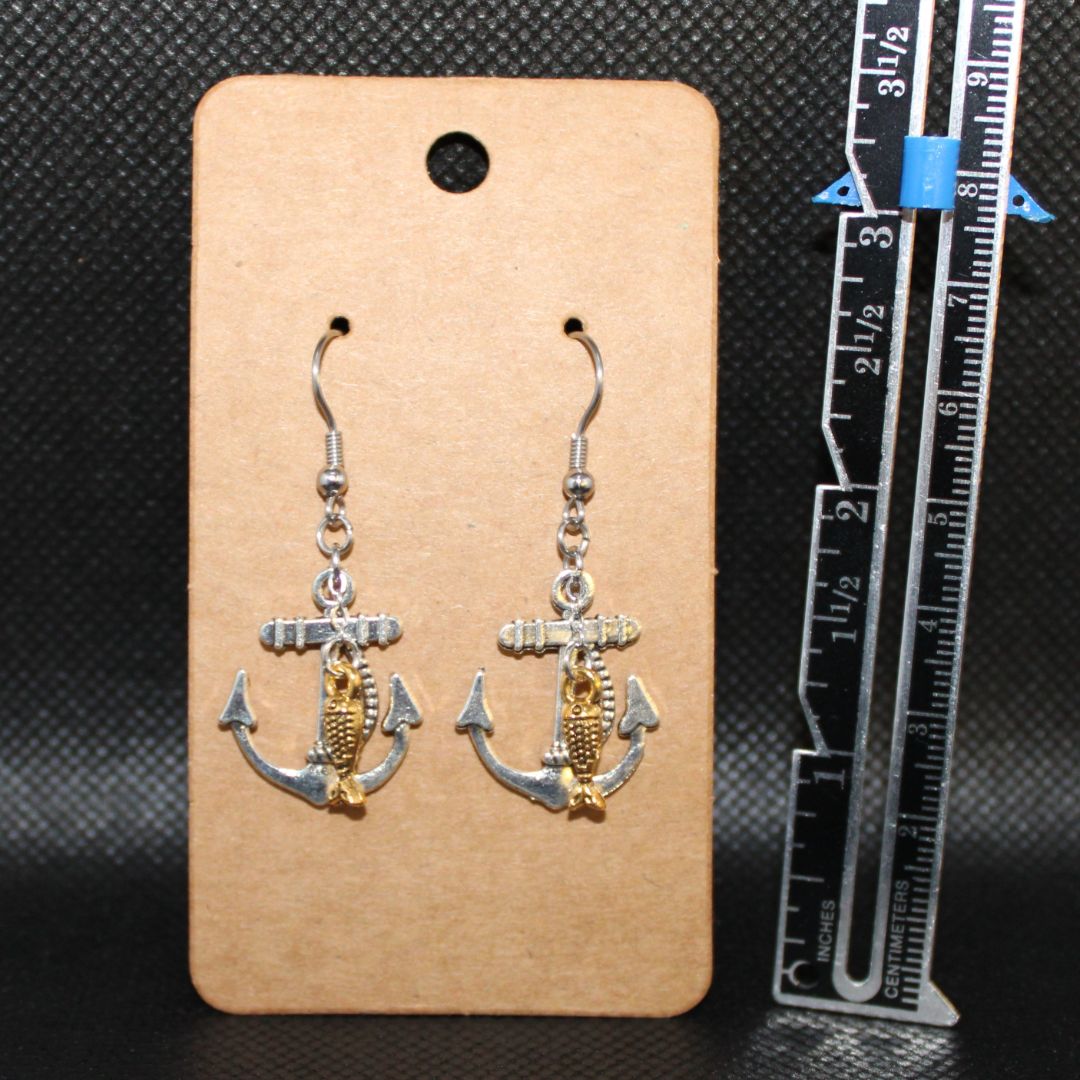 Designs by Raven Nautical Anchor Earrings with Gold Fish and Stainless Steel Hooks