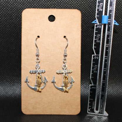 Designs by Raven Nautical Anchor Earrings with Gold Fish and Stainless Steel Hooks