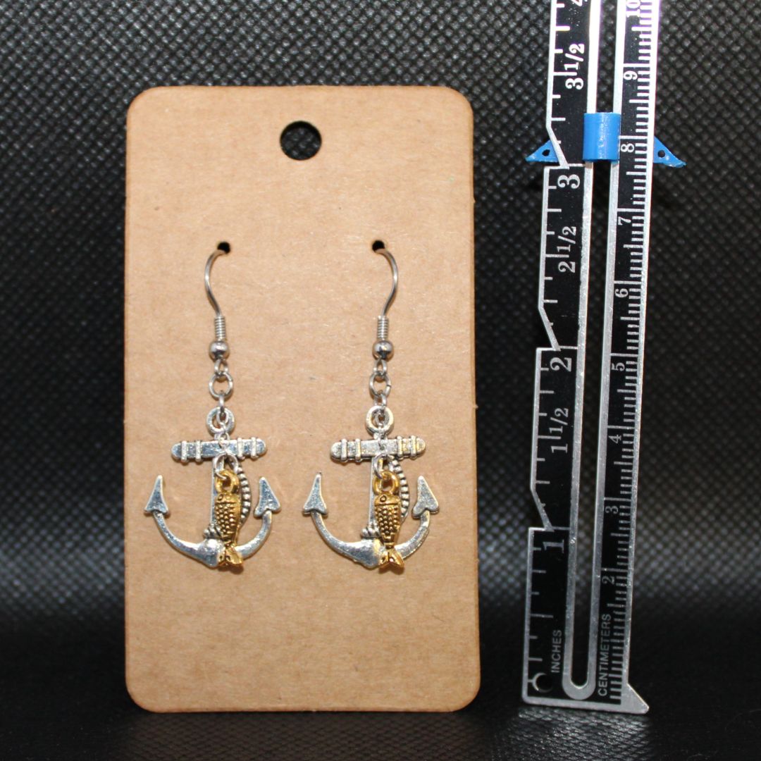 Designs by Raven Nautical Anchor Earrings with Gold Fish and Stainless Steel Hooks