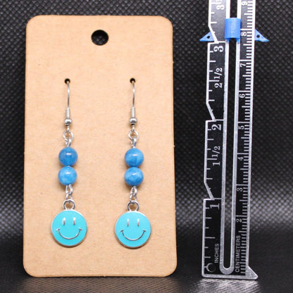 Designs by Raven Blue Smiley Face Earrings with Bead Accents and Stainless Steel Hooks