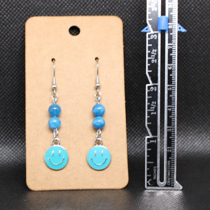 Designs by Raven Blue Smiley Face Earrings with Bead Accents and Stainless Steel Hooks
