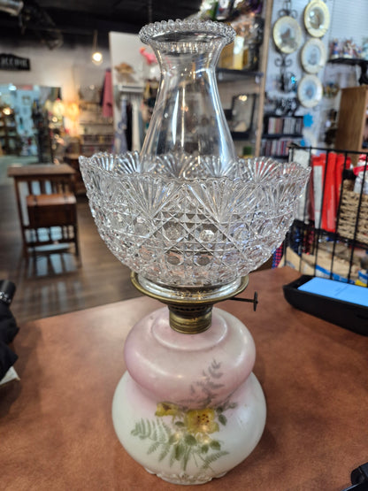 Antique Pink Oil Lamp with Pattered Glass 1890's