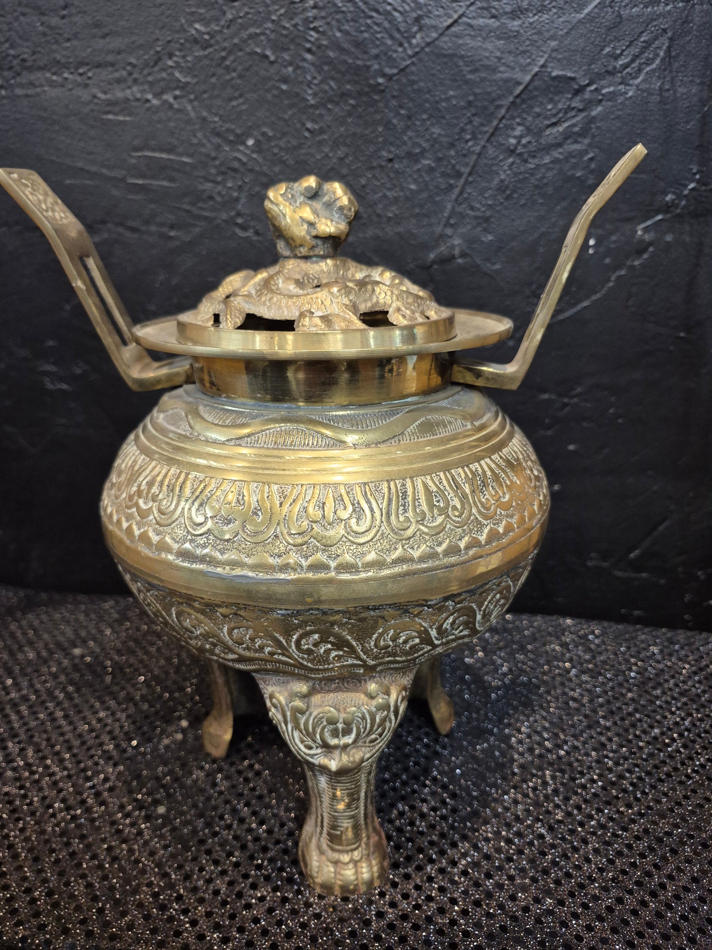 Large Asian Ornate Brass Incense Burner with Lid