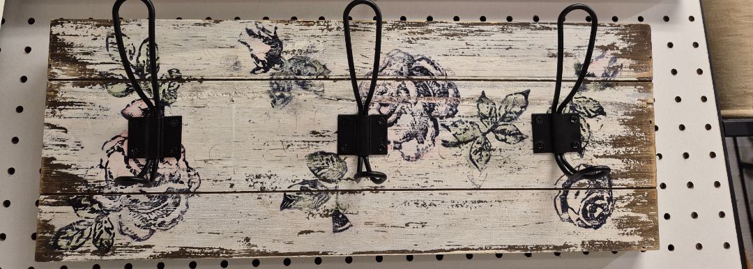 Flowers and Whitewashed Hooks and Wall Decor
