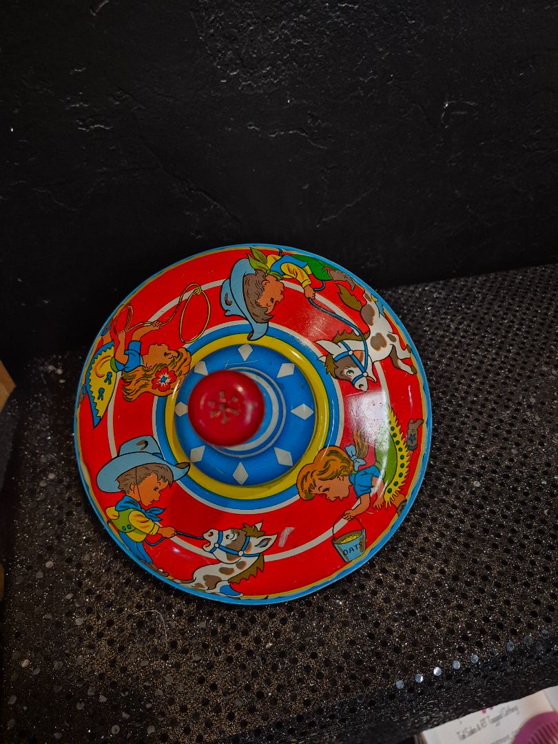 Spinning Top Tin Mid Century Kid Cowboy