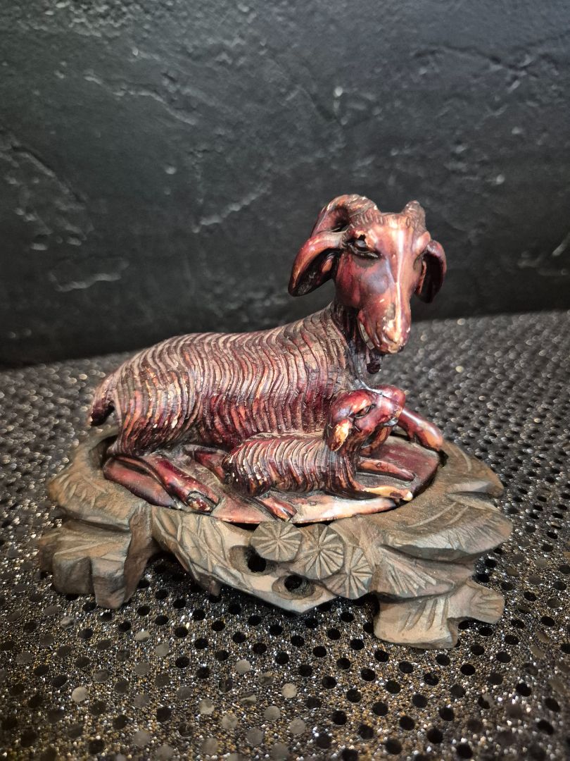 Vintage Hand Carved Goat and baby on a stand