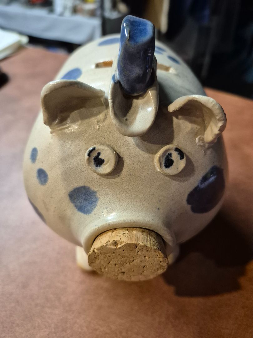 White w/Blue Spots  Stoneware Piggy Bank, 5.5" × 6" × 6"