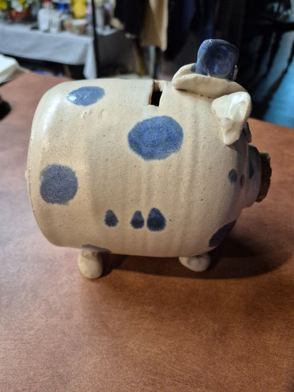 White w/Blue Spots  Stoneware Piggy Bank, 5.5" × 6" × 6"
