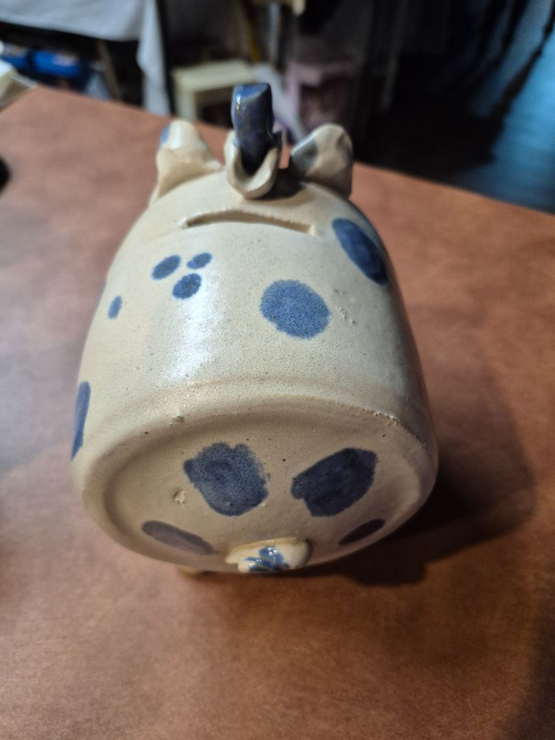 White w/Blue Spots  Stoneware Piggy Bank, 5.5" × 6" × 6"