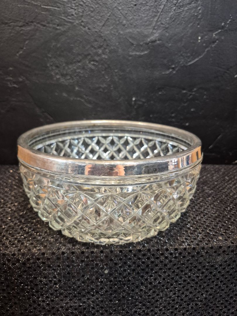 Vintage Crystal Heavy Cut Glass Serving Bowl with Silver rim