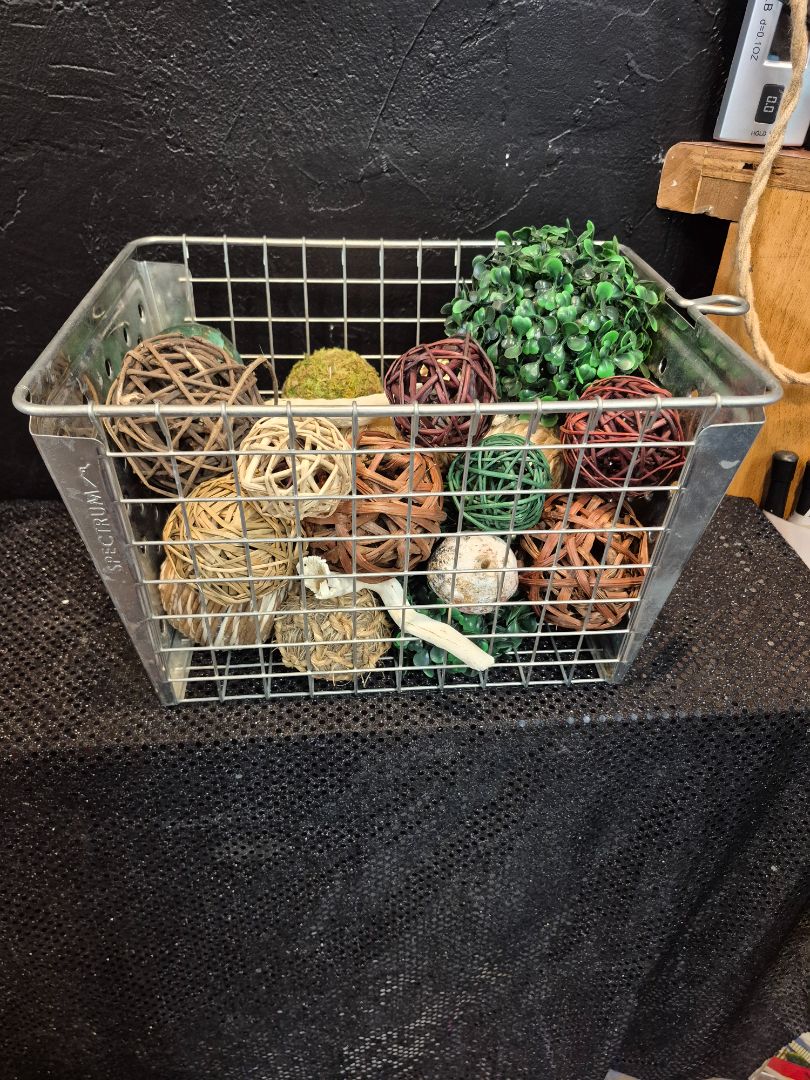 Metal Basket with wood and twine balls