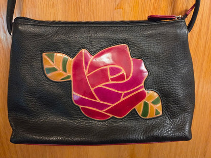 Black W Red Rose NY NY BlackW/Rose Leather Purse, Medium
