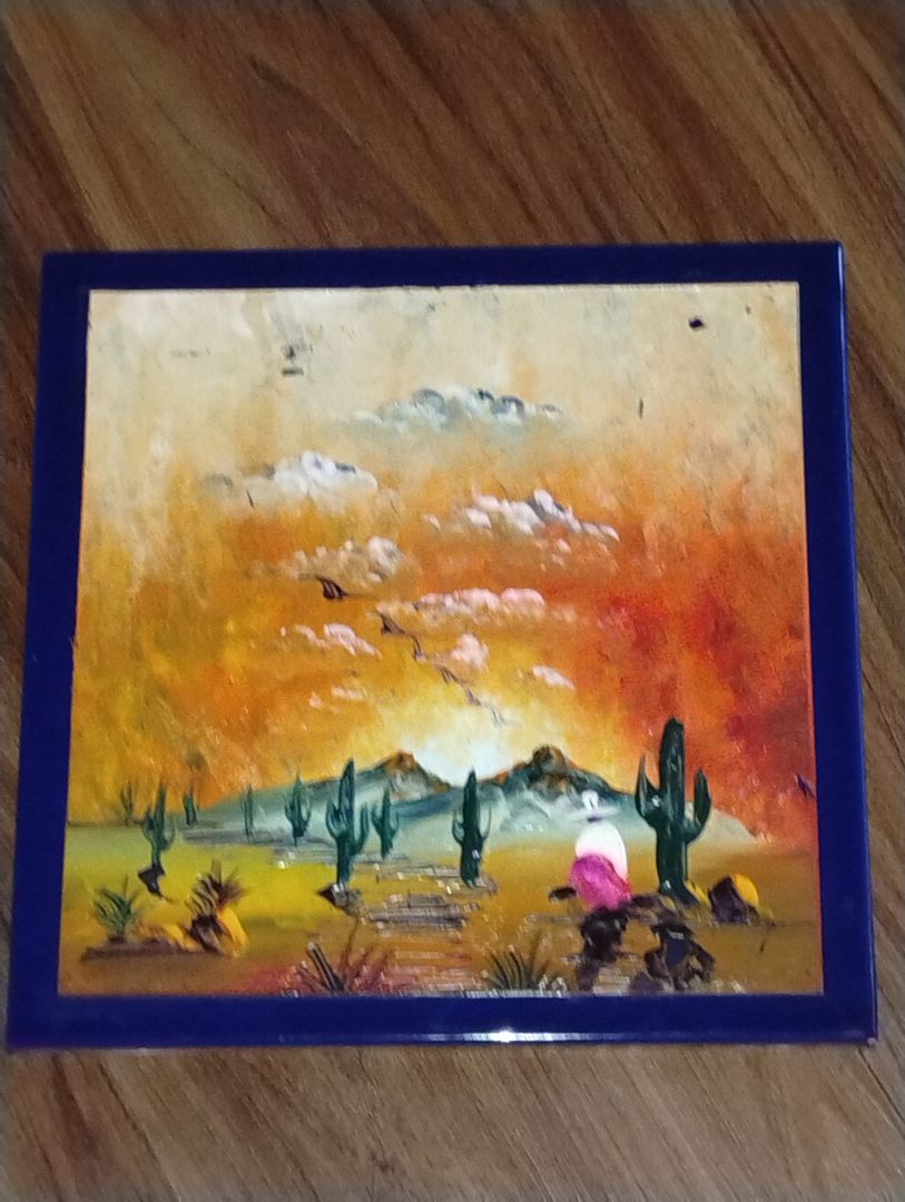 Blue Rim W/Green, Brown & Tan  Western Tile Art Decor