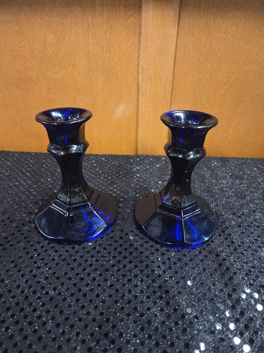 Vintage Cobalt Blue Glass Candle stick Holders set