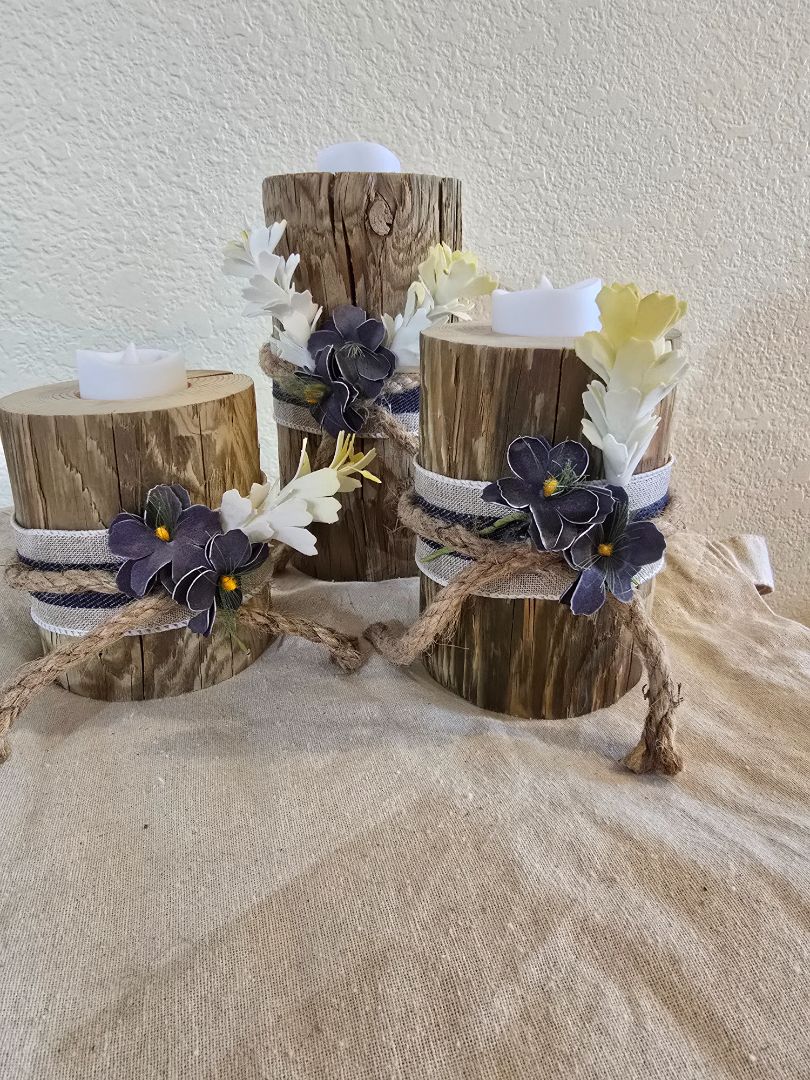 Blue Handmade (3)Wood Candle Holder
