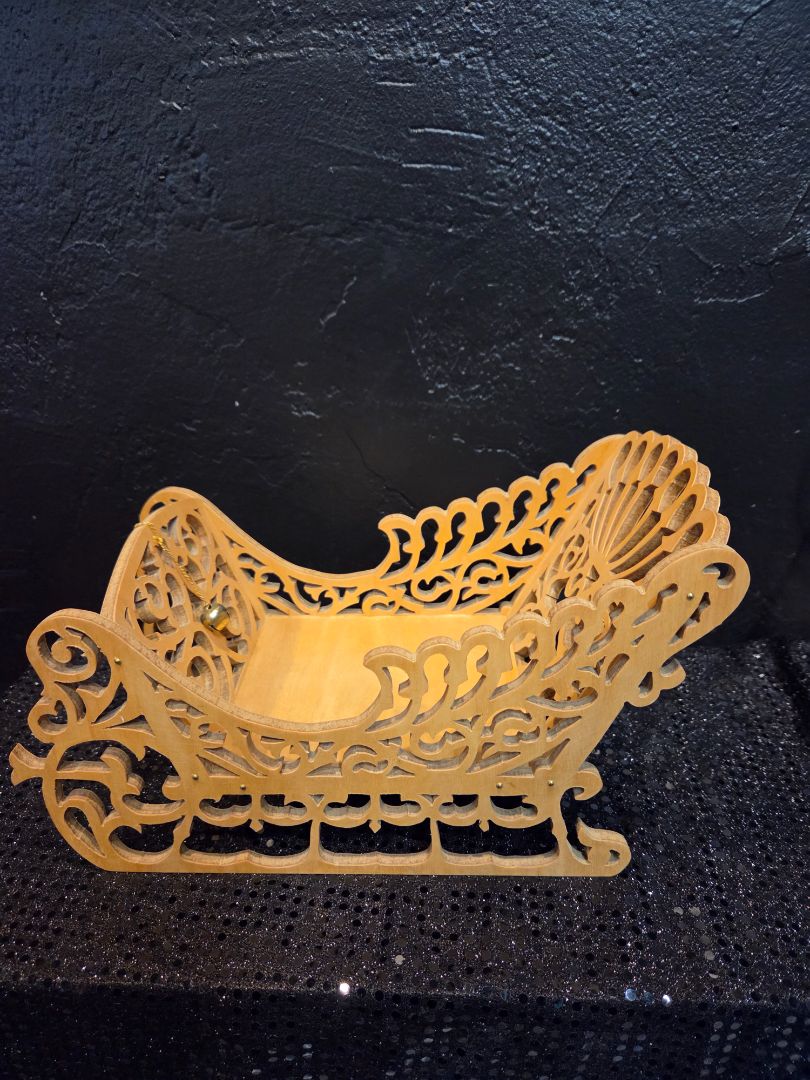 HOLIDAY Wooden Filagree Santa Sleigh Christmas Decoration 10 inches