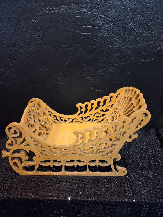 HOLIDAY Wooden Filagree Santa Sleigh Christmas Decoration 10 inches