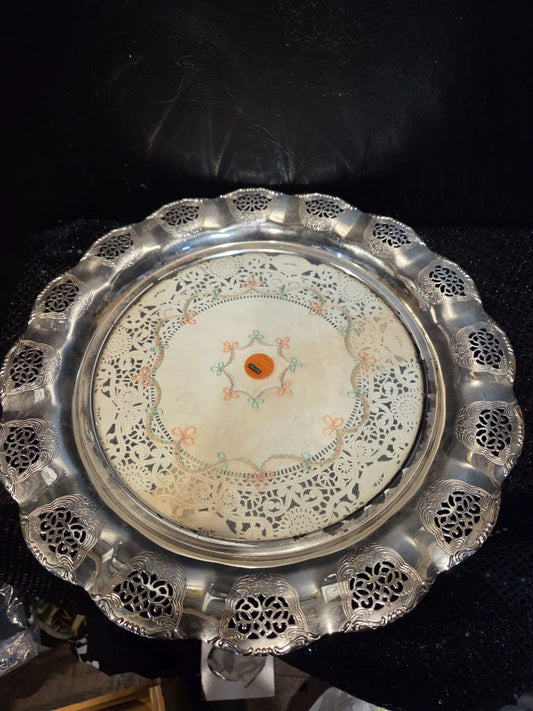 Vintage Silver plated Serving Tray with doily insert