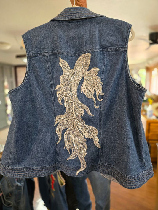 Denim Vest w Beaded Koi