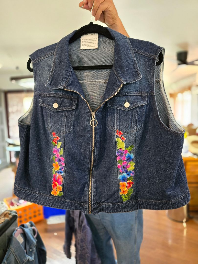 denim Vest- Watercolor Flowers