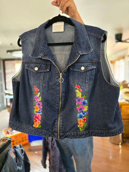 denim Vest- Watercolor Flowers