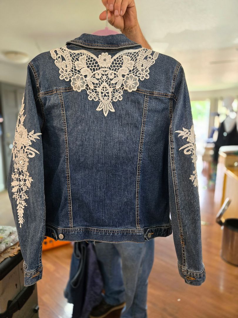 Denim Jacket- White Lace Shoulders and Arms