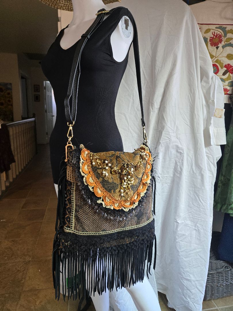 Shoulder Bag Black Brown Gold Boho