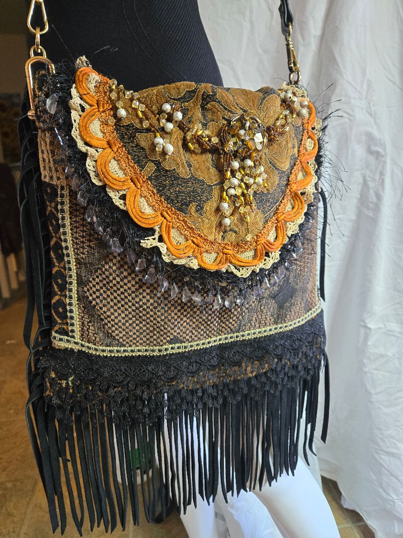 Shoulder Bag Black Brown Gold Boho