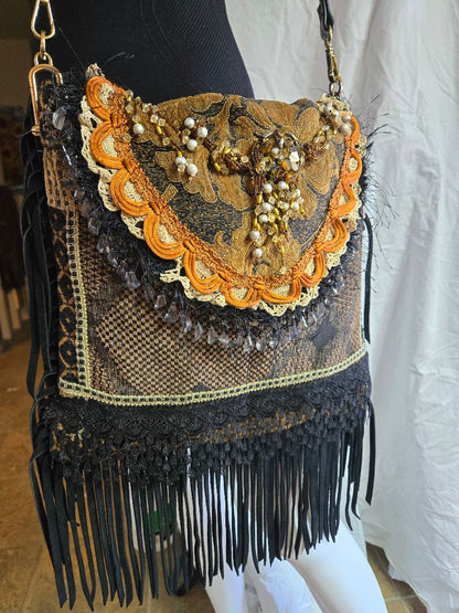 Shoulder Bag Black Brown Gold Boho