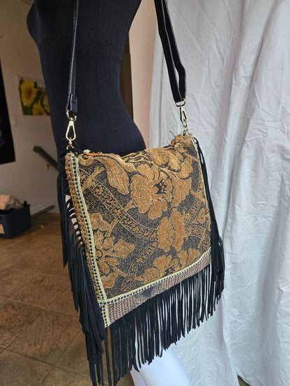 Shoulder Bag Black Brown Gold Boho