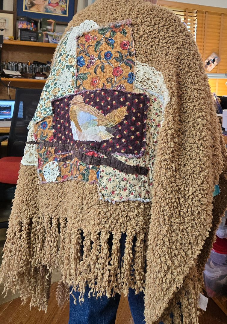 tan  Poncho with bird applique, one size