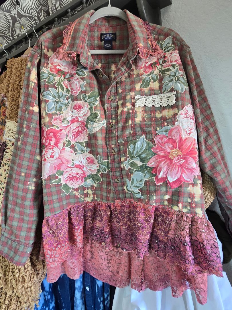 Shirt Flannel green and rust floral, 2XL