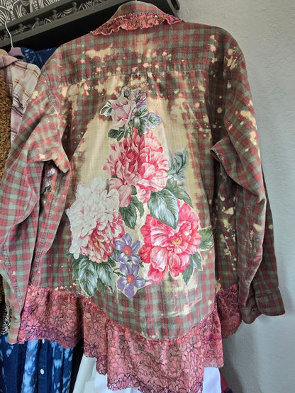 Shirt Flannel green and rust floral, 2XL