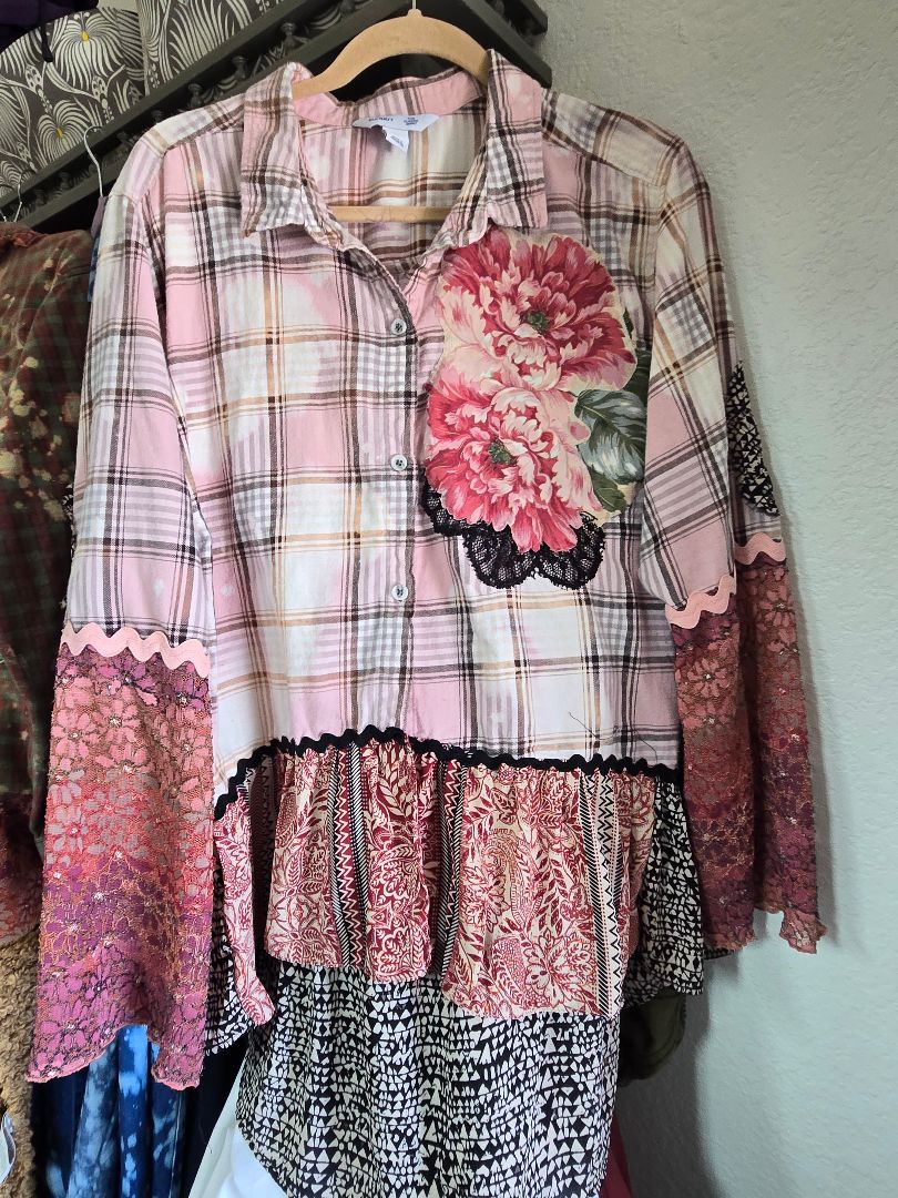 Shirt Flannel roses pink and black, 2XL