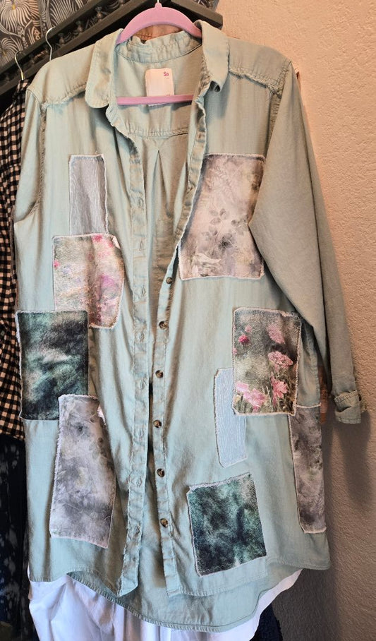 Shirt oversized sage patchwork, 2XL