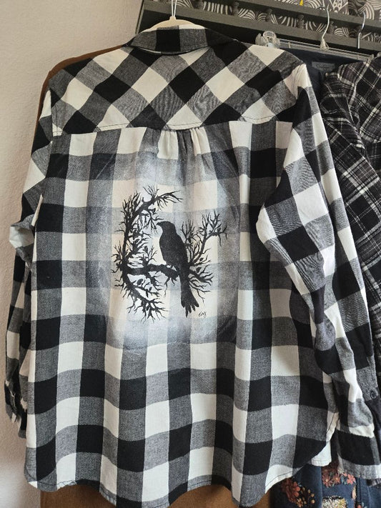 Shirt Flannel with painted crow large plaid, XL