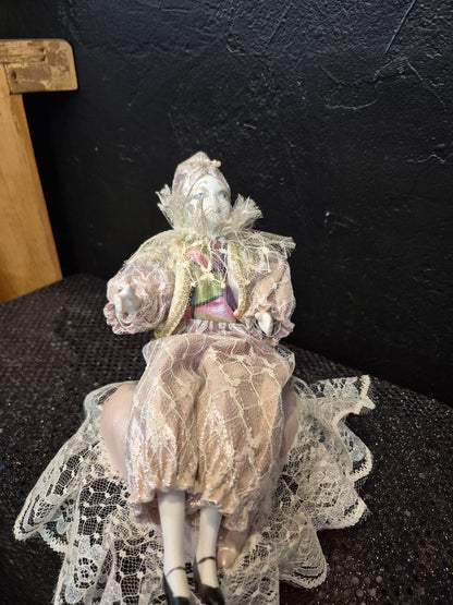 Vintage Porcelain Harlequin Clown Doll Spin Music Box