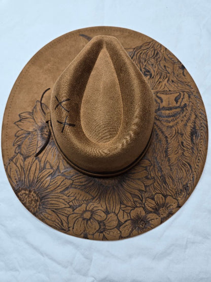 camel  Hat-burnt-Highland cow w su flowers, adjustable