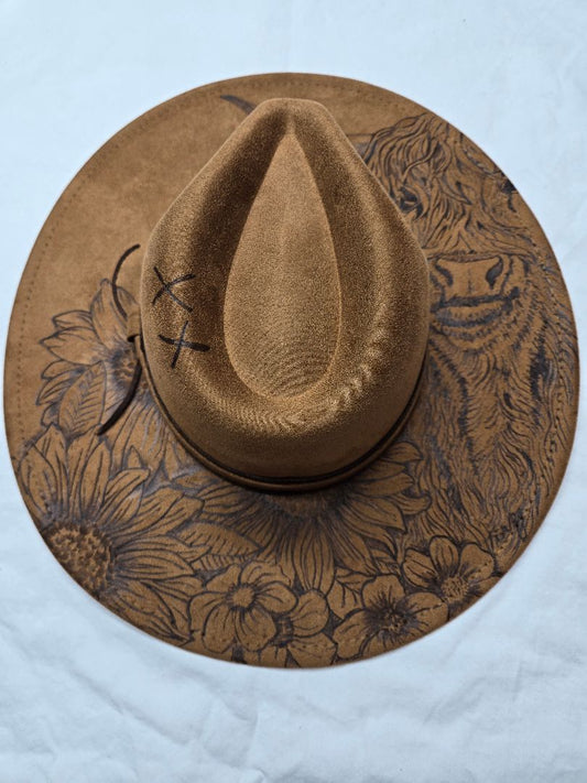 camel  Hat-burnt-Highland cow w su flowers, adjustable