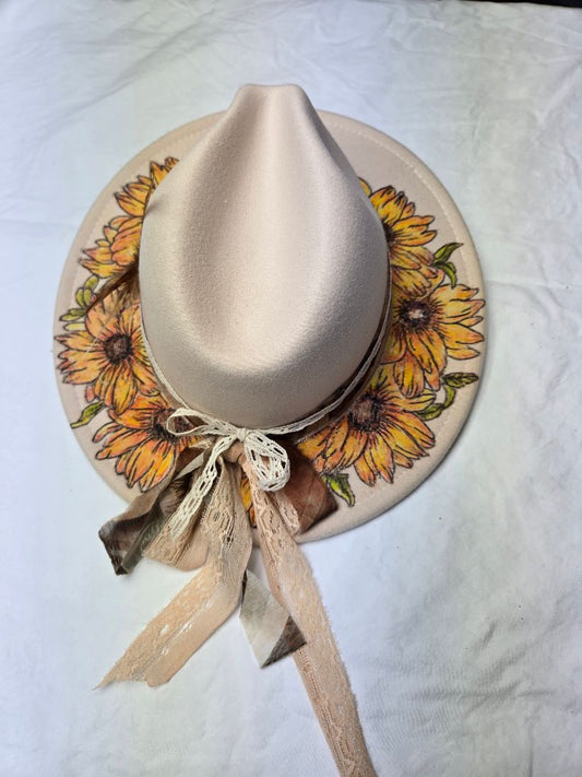 cream  Hat'burnt and painted-sunflowers, adjustable