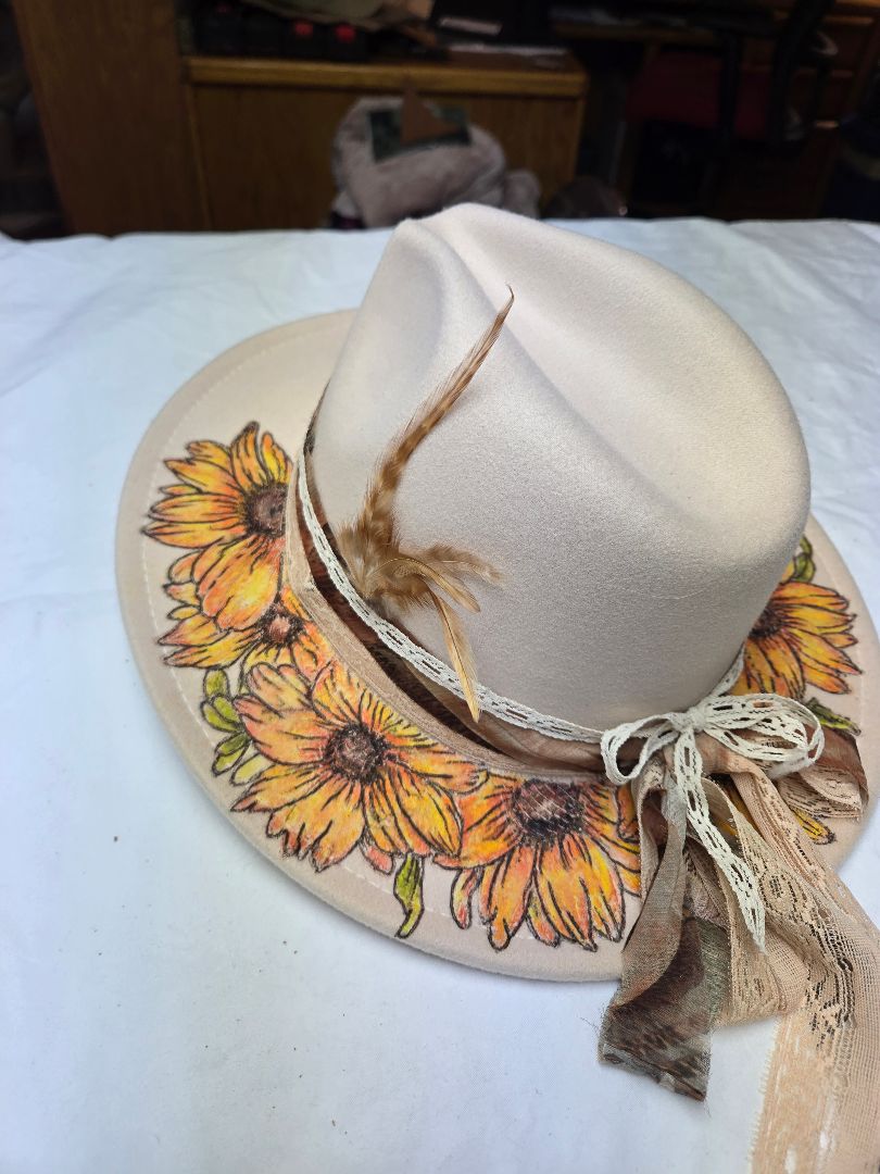 cream  Hat'burnt and painted-sunflowers, adjustable