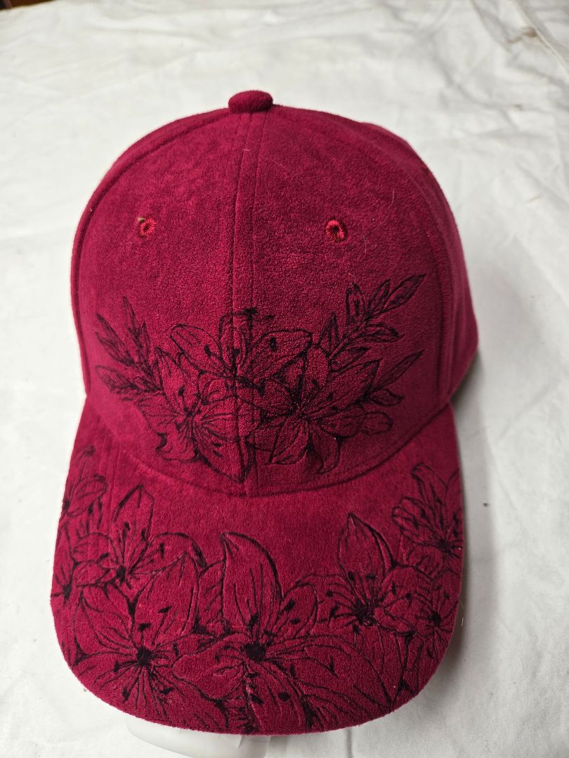 burgundy Hat Cap burnt lilies HAND-MADE, adjustable