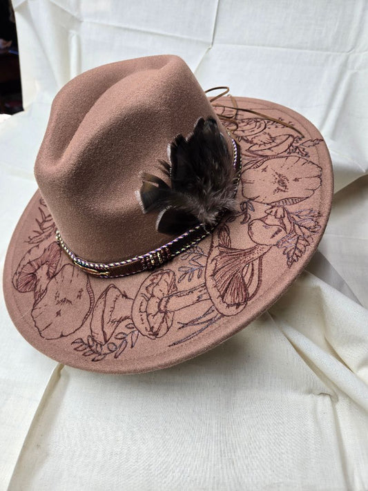 Hat faux suede tan burnt brown mushrooms