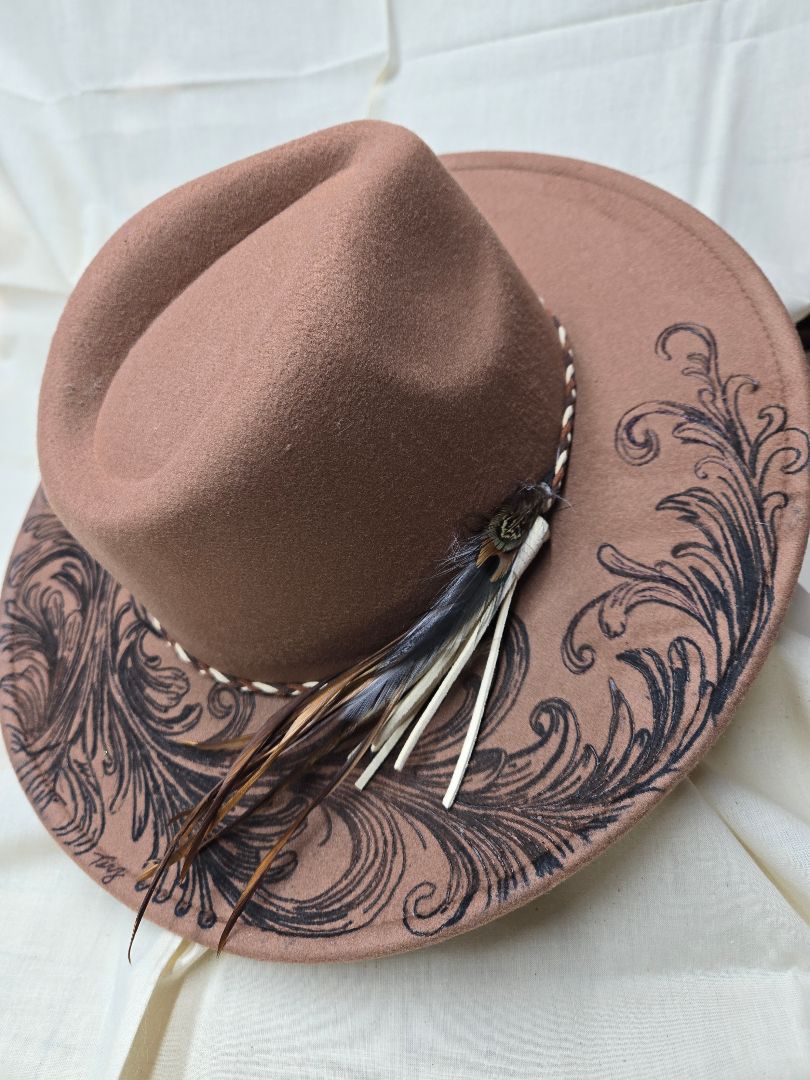 Hat faux suede tan burnt leathery feathers