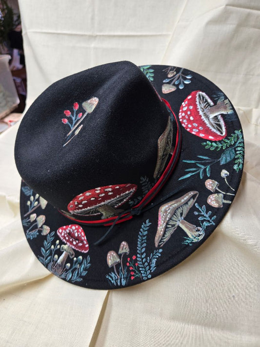 Hat Faux Suede black hand painted mushroom